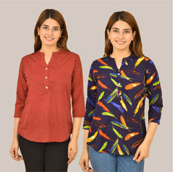 Combo of 2 Navy Blue and Maroon Crepe Women Printed Top-38579