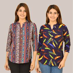 Combo of 2 Navy Blue and Multicolor Crepe Women Printed Top-38575