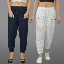 Combo of 2 Navy Blue and White Pure Cotton Four Pocket Cargo Pants-45511