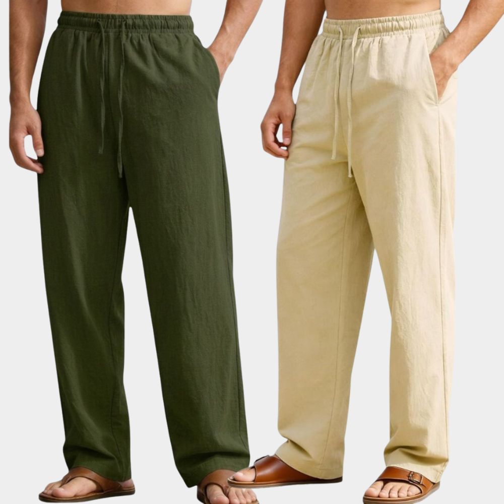 Combo of 2 Premium Linen Relaxed Fit Loose Fit Men Pant Army Green and Beige-51566