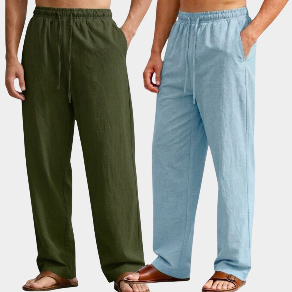 Combo of 2 Premium Linen Relaxed Fit Loose Fit Men Pant Army Green and Light Blue-51570