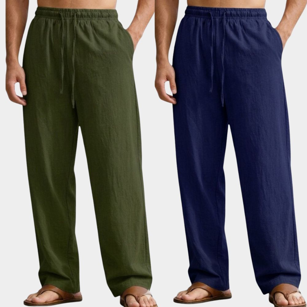 Combo of 2 Premium Linen Relaxed Fit Loose Fit Men Pant Army Green and Navy Blue-51572