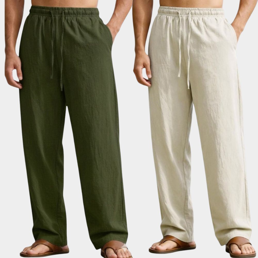 Combo of 2 Premium Linen Relaxed Fit Loose Fit Men Pant Army Green and Off White-51573