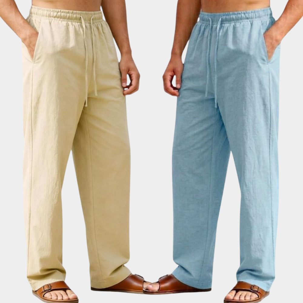Combo of 2 Premium Linen Relaxed Fit Loose Fit Men Pant Beige and Light Blue-51578
