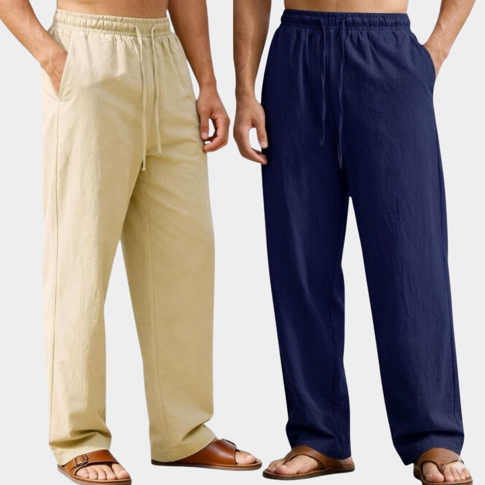 Combo of 2 Premium Linen Relaxed Fit Loose Fit Men Pant Beige and Navy Blue-51580