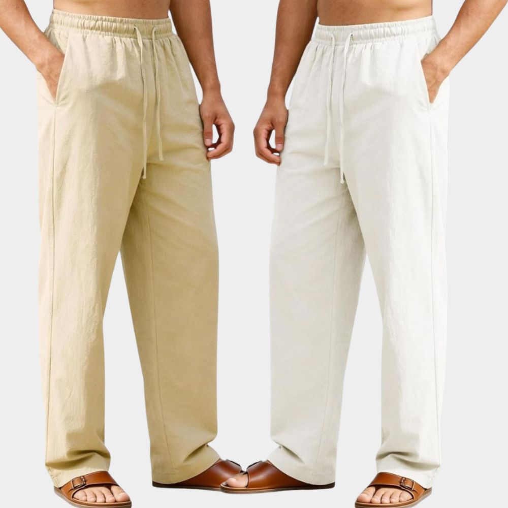 Combo of 2 Premium Linen Relaxed Fit Loose Fit Men Pant Beige and White-51582