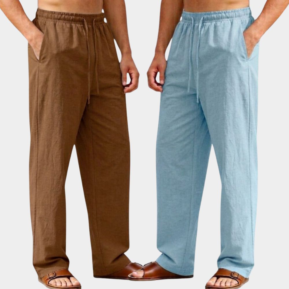 Combo of 2 Premium Linen Relaxed Fit Loose Fit Men Pant Brown and Light Blue-51591