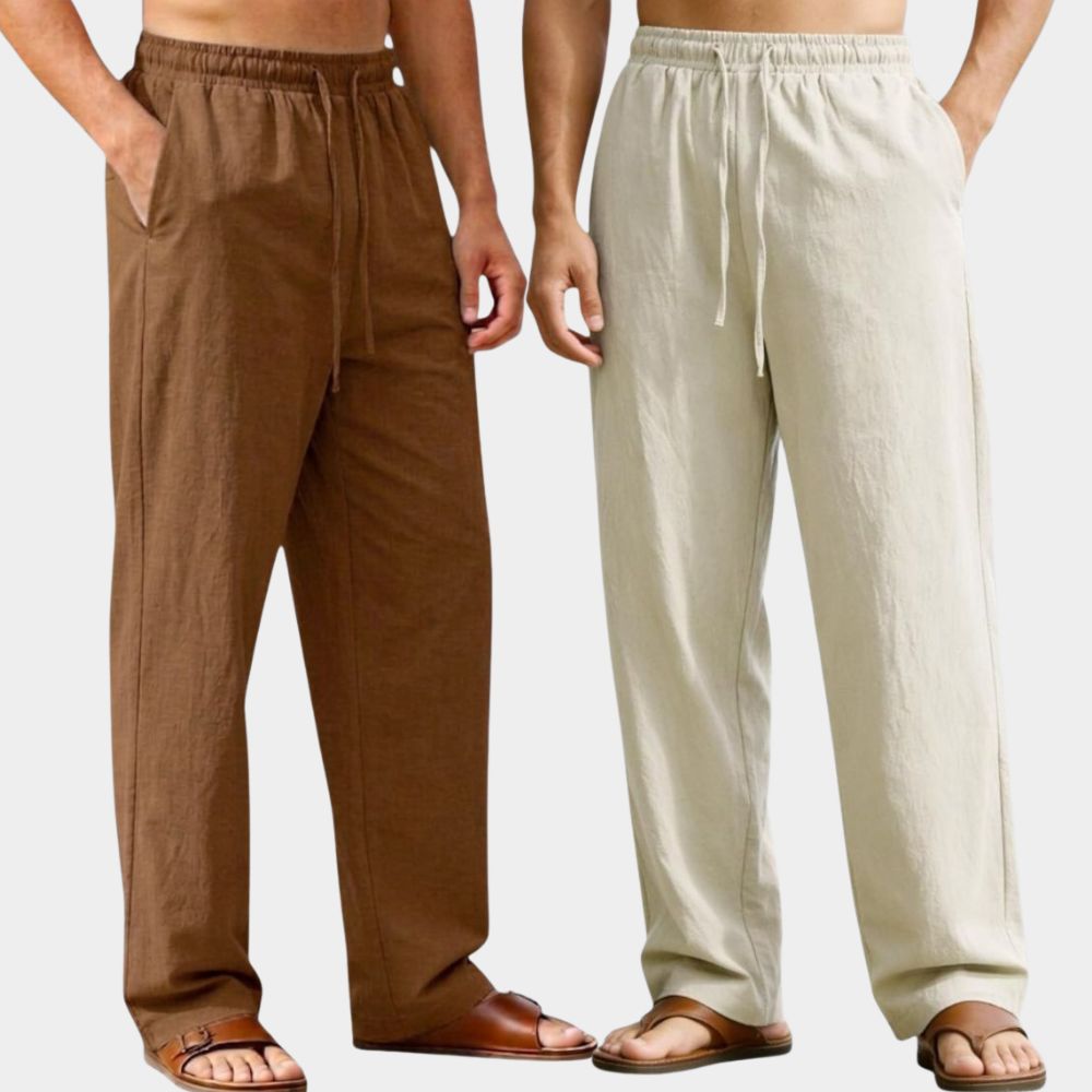 Combo of 2 Premium Linen Relaxed Fit Loose Fit Men Pant Brown and Off White-51594
