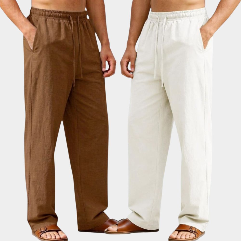 Combo of 2 Premium Linen Relaxed Fit Loose Fit Men Pant Brown and White-51595
