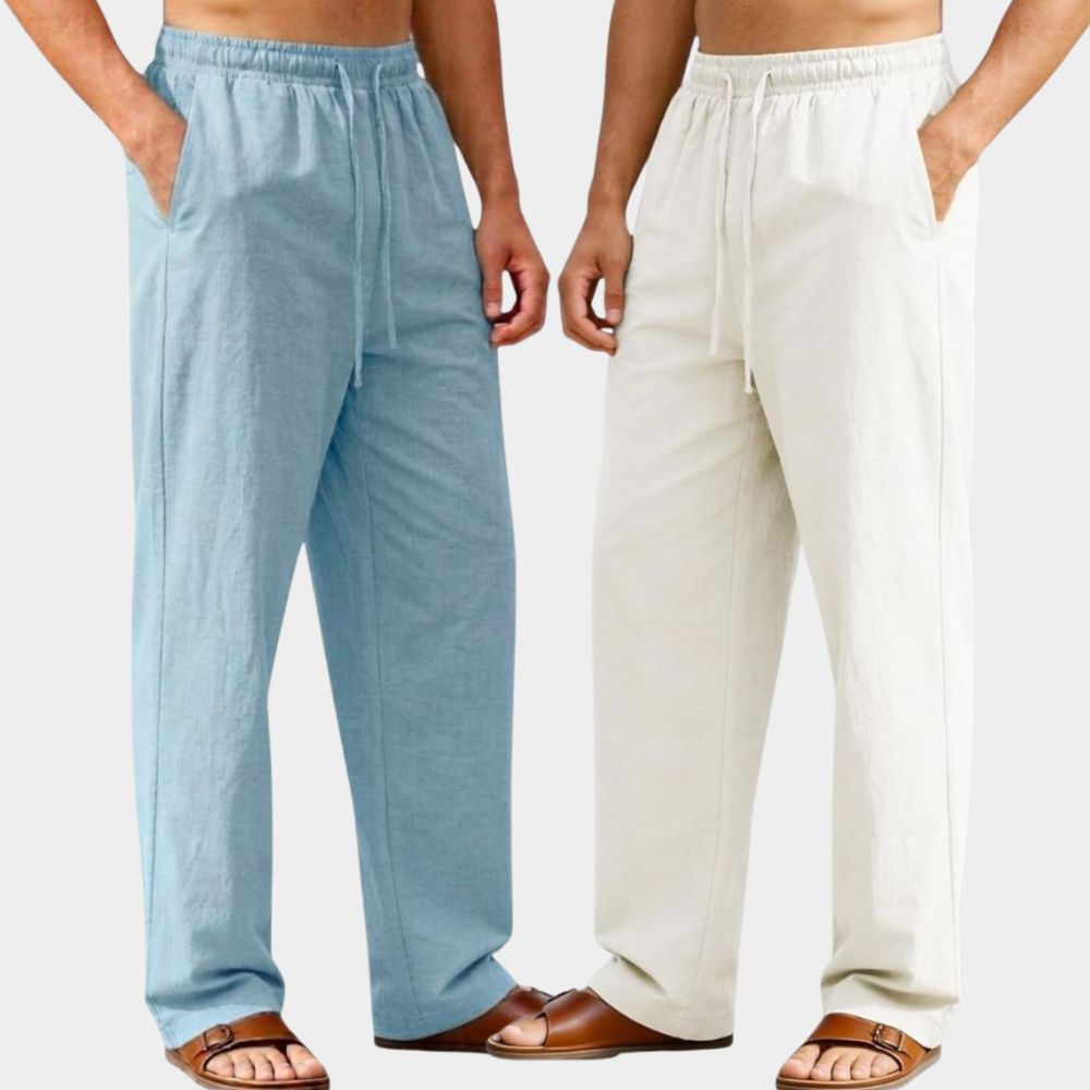 Combo of 2 Premium Linen Relaxed Fit Loose Fit Men Pant Light Blue and White-51604