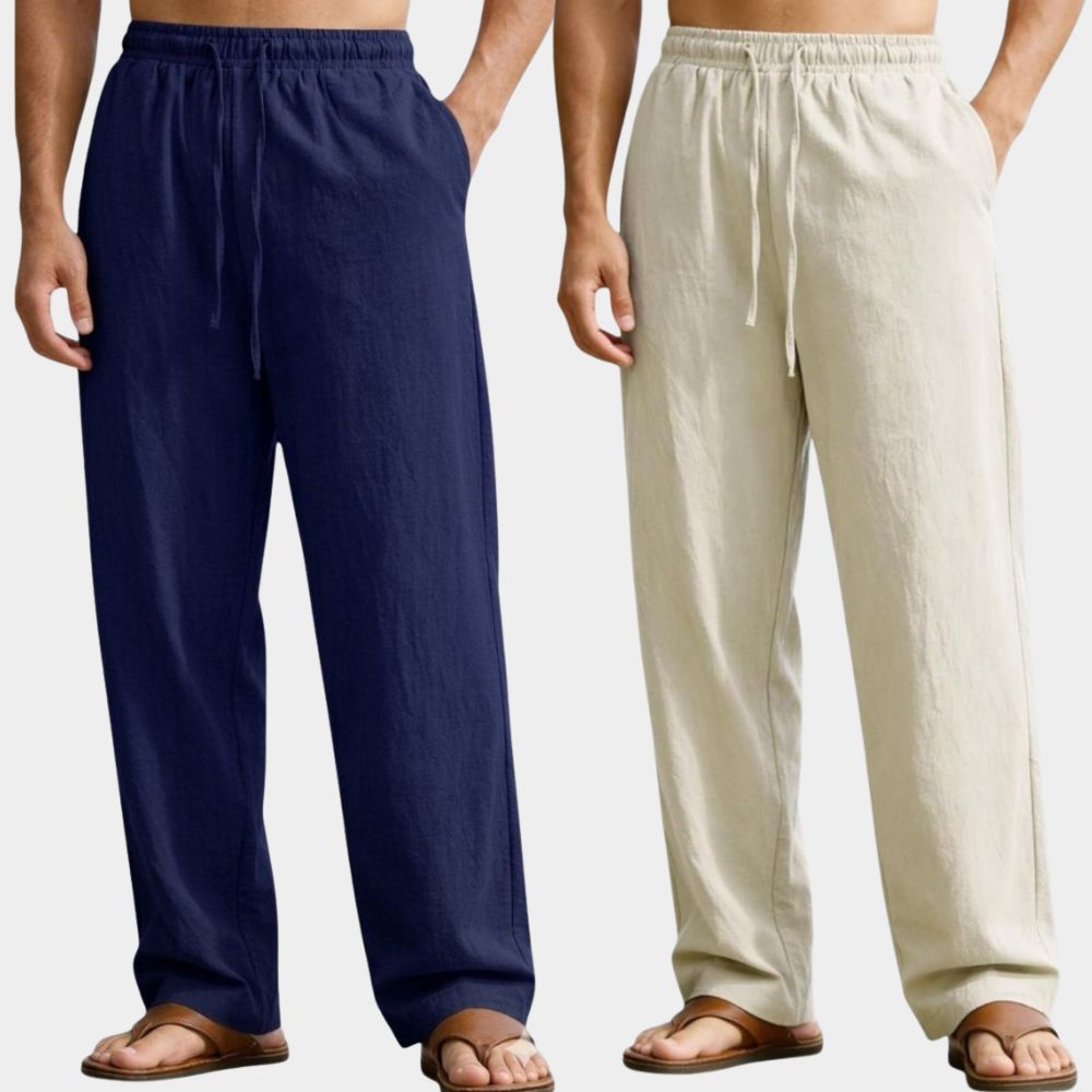 Combo of 2 Premium Linen Relaxed Fit Loose Fit Men Pant Navy Blue and Off White-51608