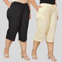 Combo of 2 Rayon Plus Size Ethnic Wear Culotte Women Pants Cream and Black-48482