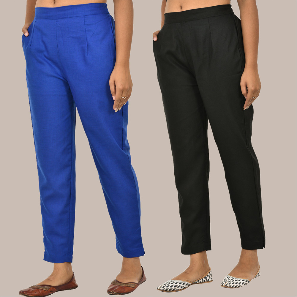 Combo of 2 Solid Women Pants Cotton Slub Black and Blue-36167