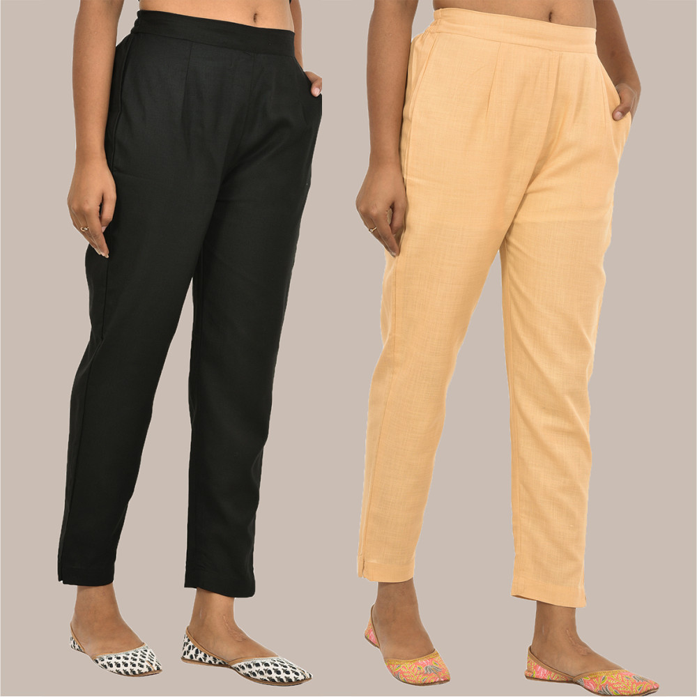 Combo of 2 Solid Women Pants Cotton Slub Black and Beige-36168