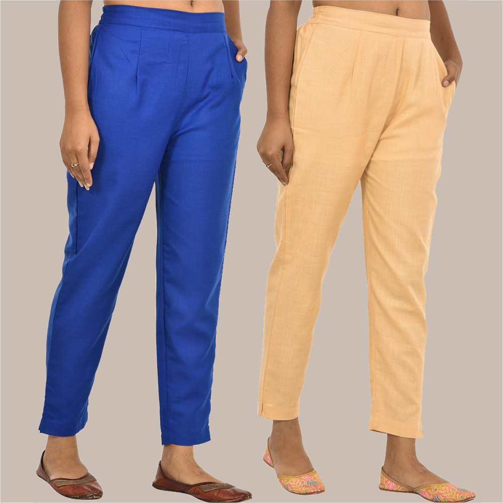 Combo of 2 Solid Women Pants Cotton Slub Blue and Beige-36170