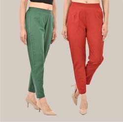 Combo of 2 Solid Women Pants Cotton Slub Bottle Green and Maroon-36756