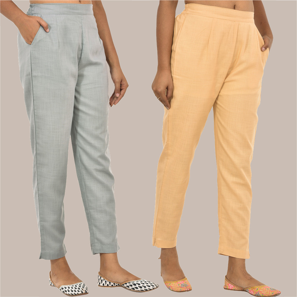 Combo of 2 Solid Women Pants Cotton Slub Gray and Beige-36165