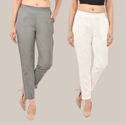 Combo of 2 Solid Women Pants Cotton Slub Gray and White-36758