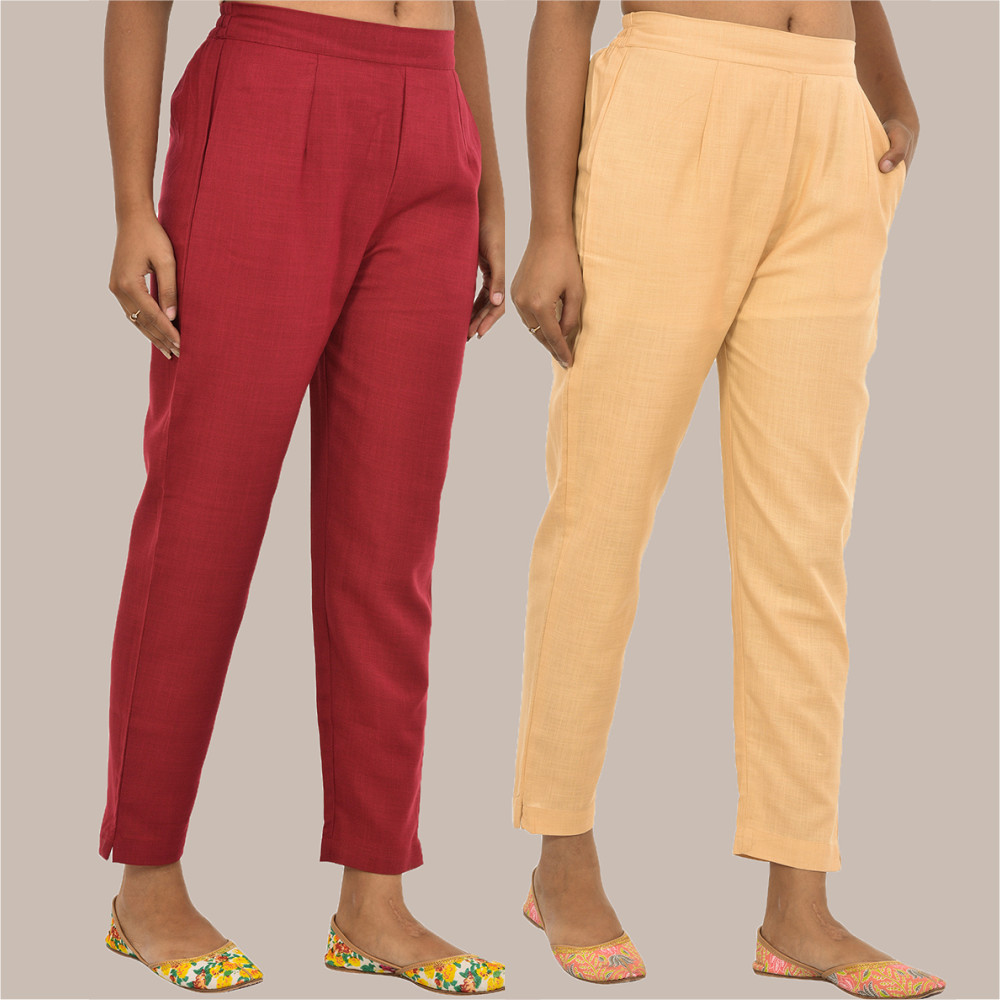 Combo of 2 Solid Women Pants Cotton Slub Maroon and Beige-36135
