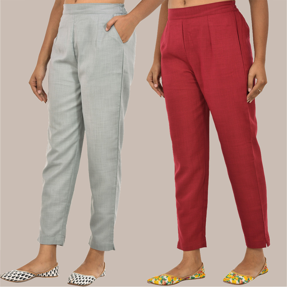 Combo of 2 Solid Women Pants Cotton Slub Maroon and Gray-36132