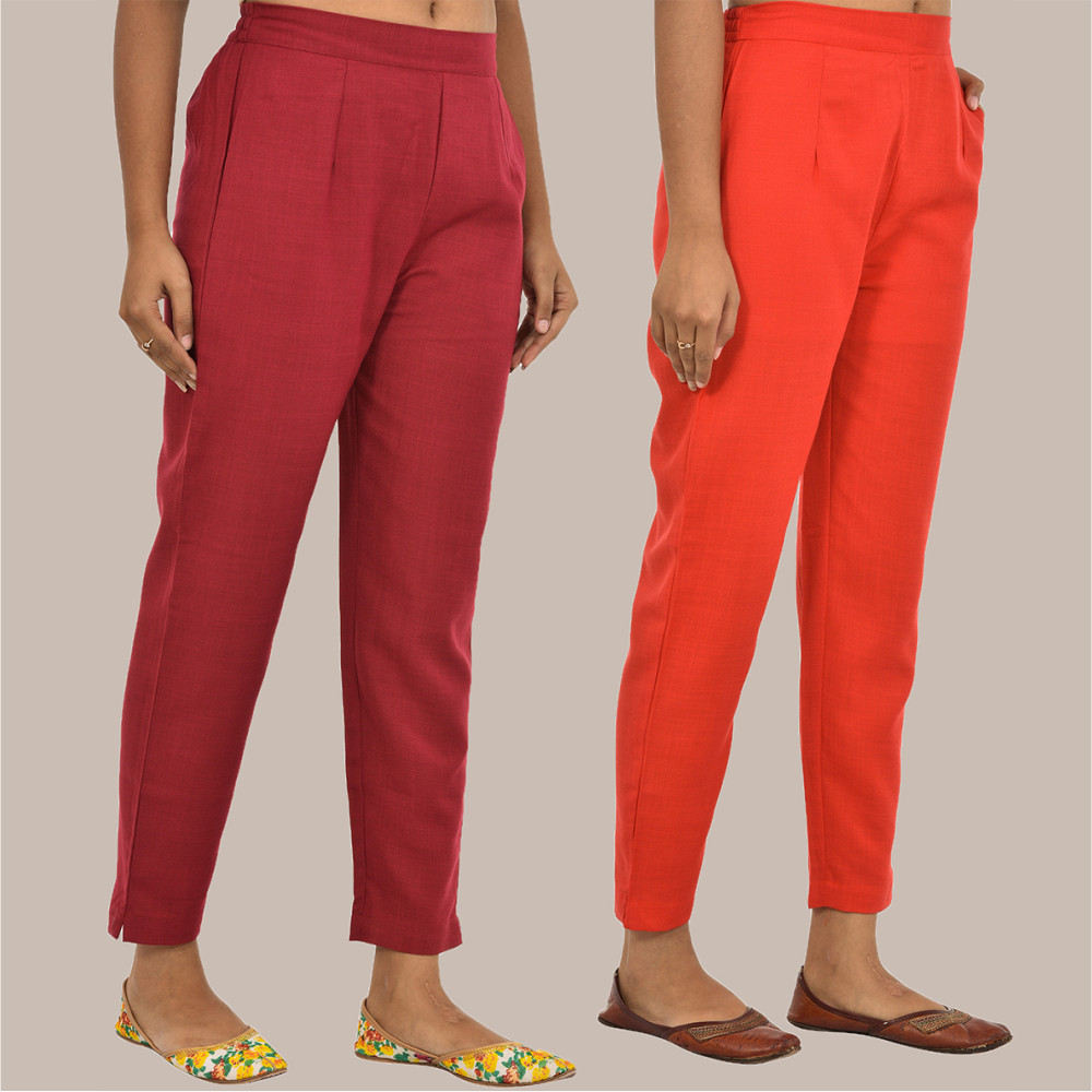 Combo of 2 Solid Women Pants Cotton Slub Maroon and Red-36130