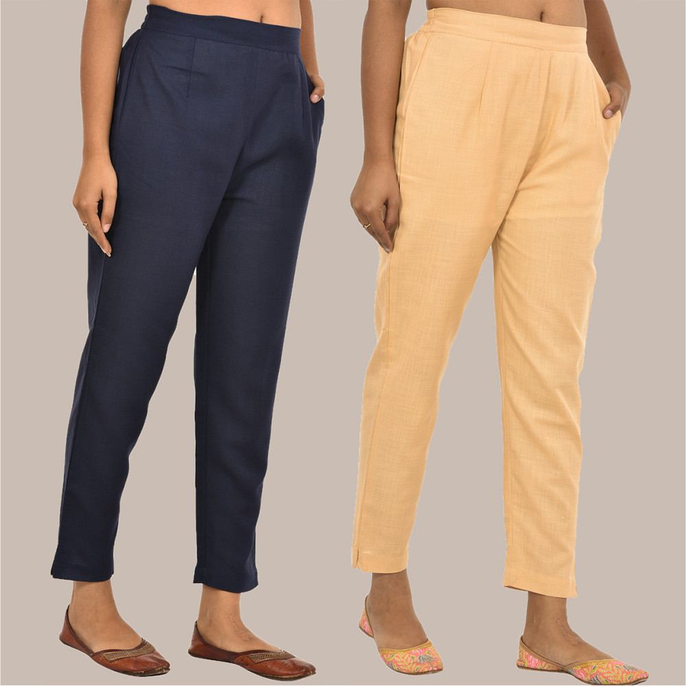Combo of 2 Solid Women Pants Cotton Slub Navy-Blue and Beige-36161