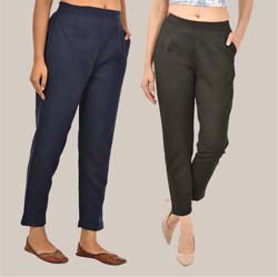 Combo of 2 Solid Women Pants Cotton Slub Navy Blue and Black-36753