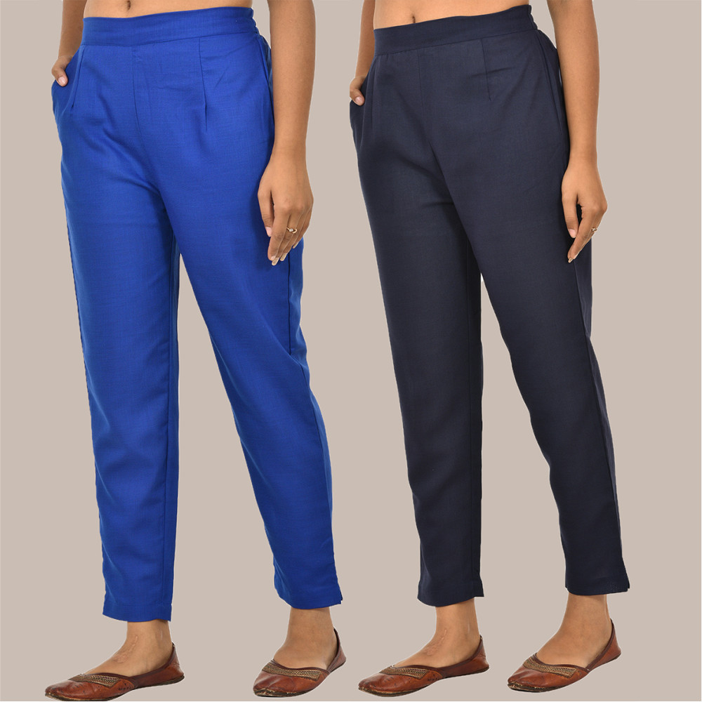 Combo of 2 Solid Women Pants Cotton Slub Navy-Blue and Blue-36160