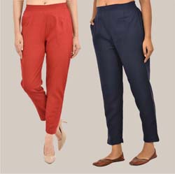 Combo of 2 Solid Women Pants Cotton Slub Navy Blue and Maroon-36752