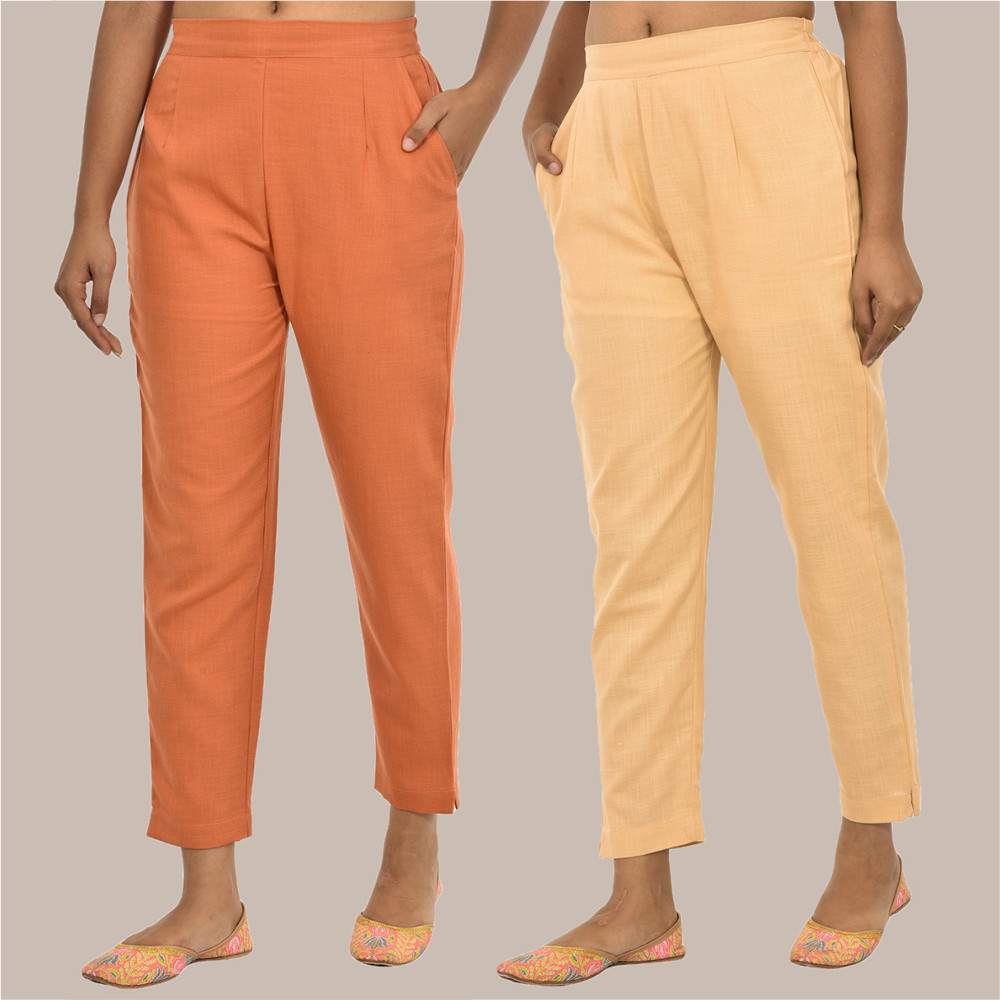 Combo of 2 Solid Women Pants Cotton Slub Peach and Beige-36172