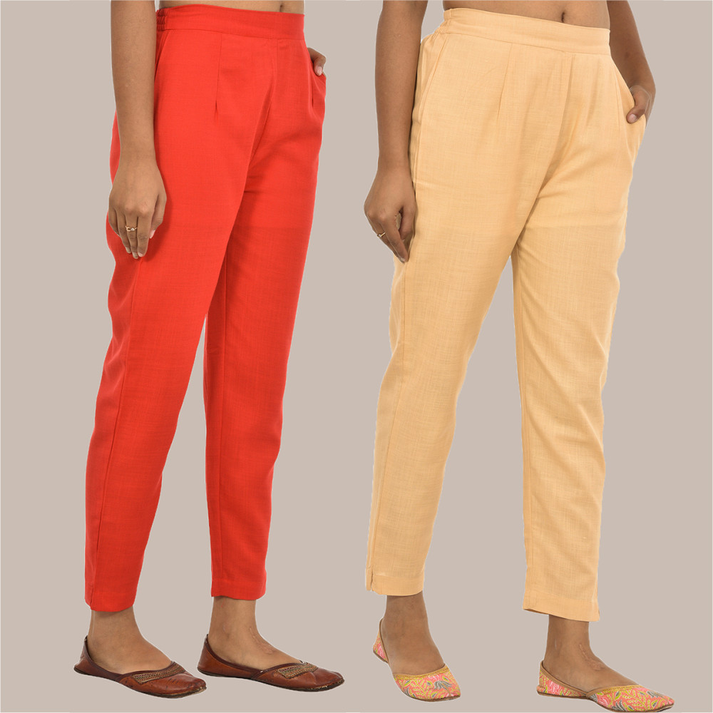 Combo of 2 Solid Women Pants Cotton Slub Red and Beige-36156