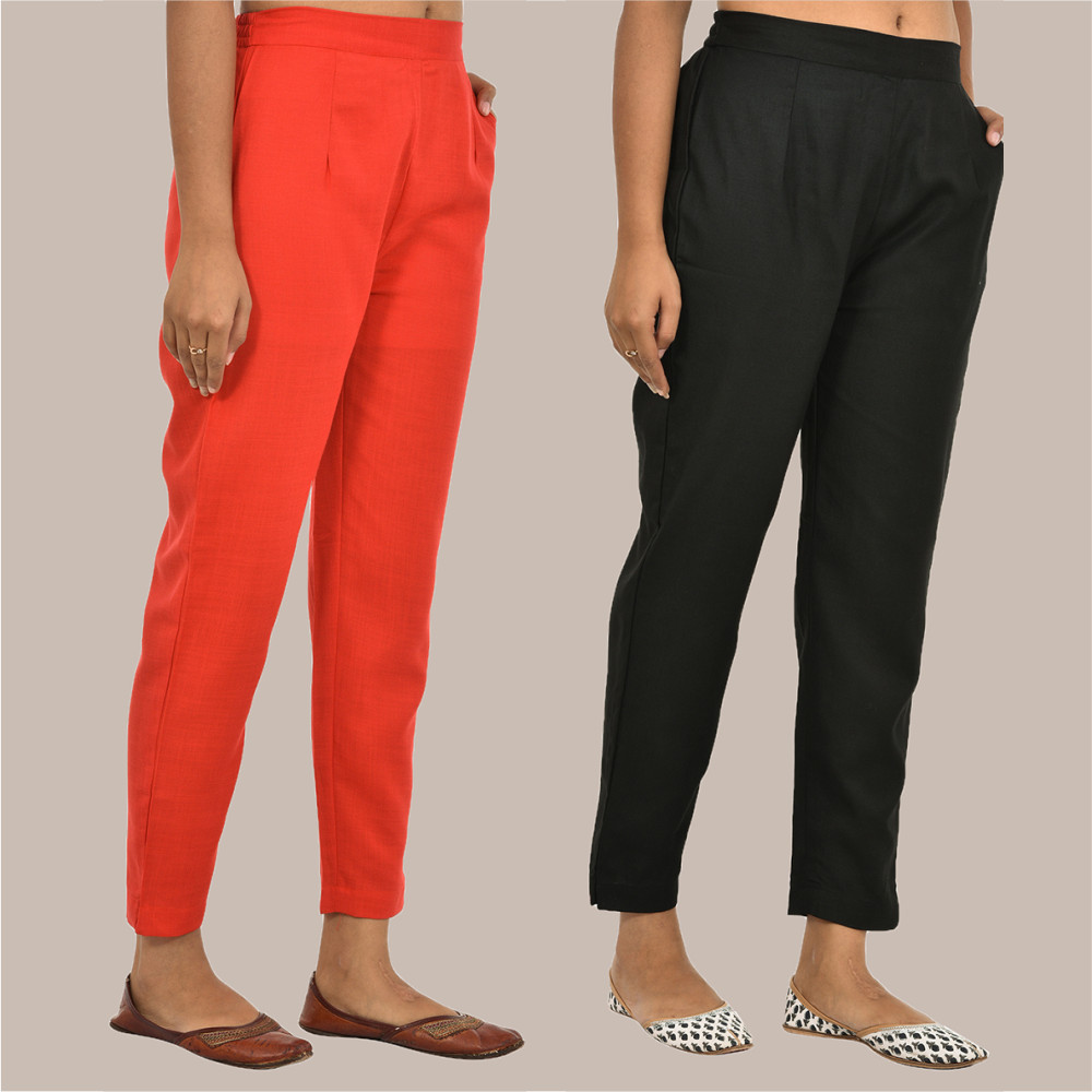 Combo of 2 Solid Women Pants Cotton Slub Red and Black-36154