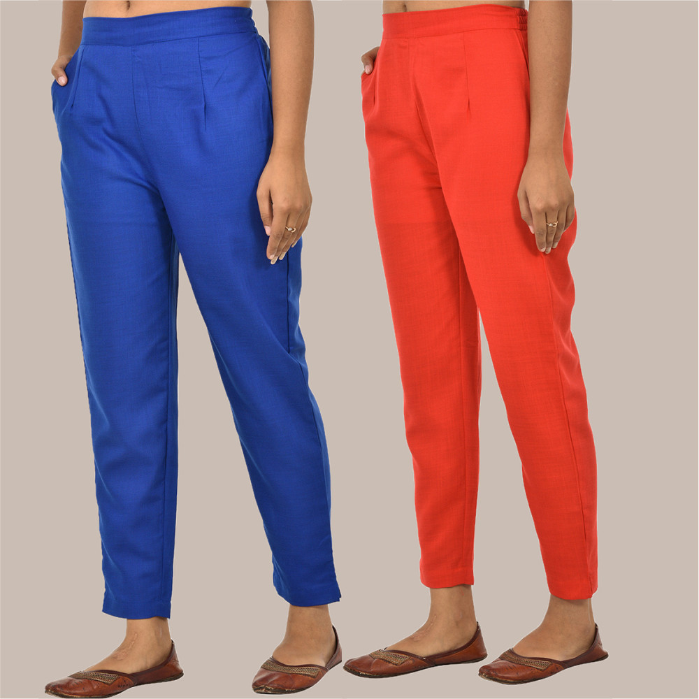 Combo of 2 Solid Women Pants Cotton Slub Red and Blue-36155