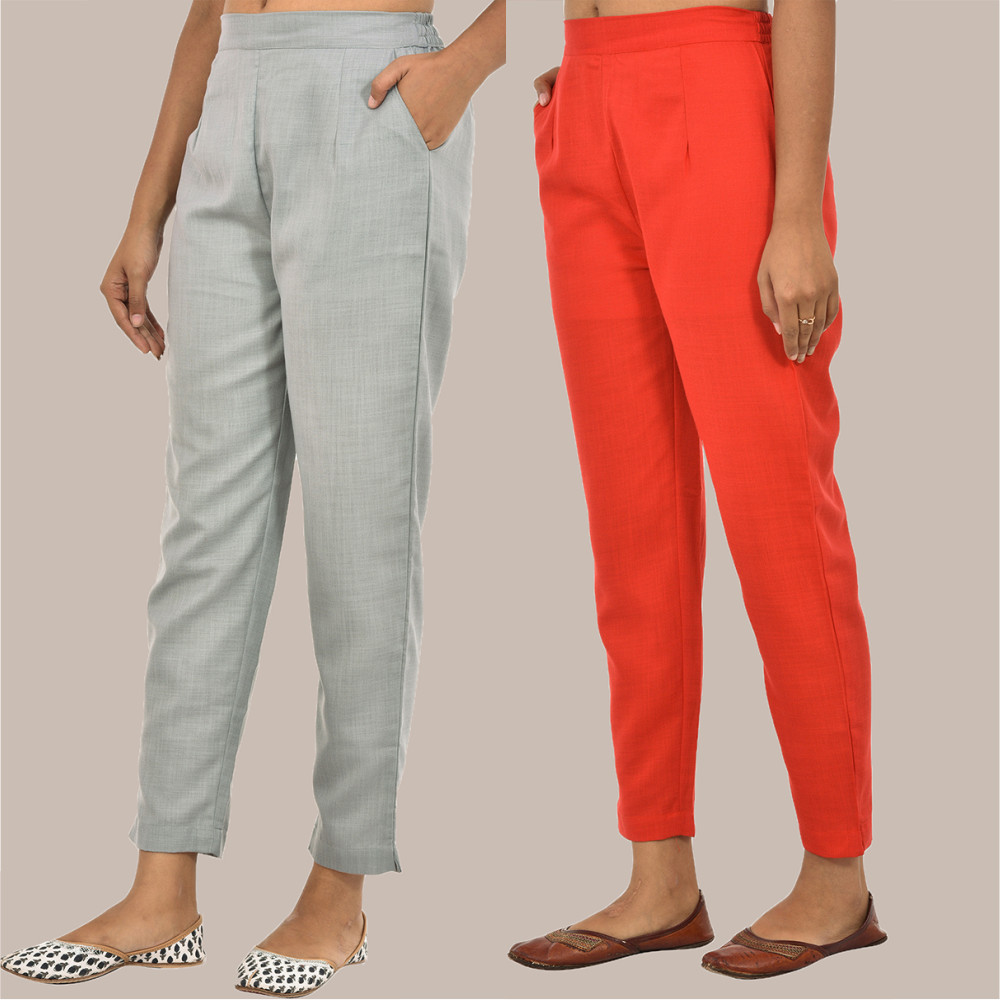 Combo of 2 Solid Women Pants Cotton Slub Red and Gray-36153