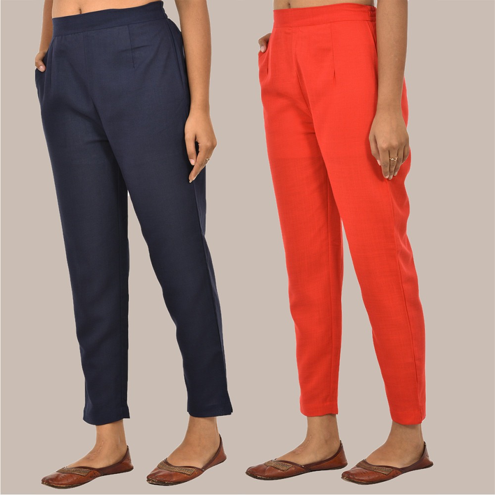 Combo of 2 Solid Women Pants Cotton Slub Red and Navy-Blue-36152