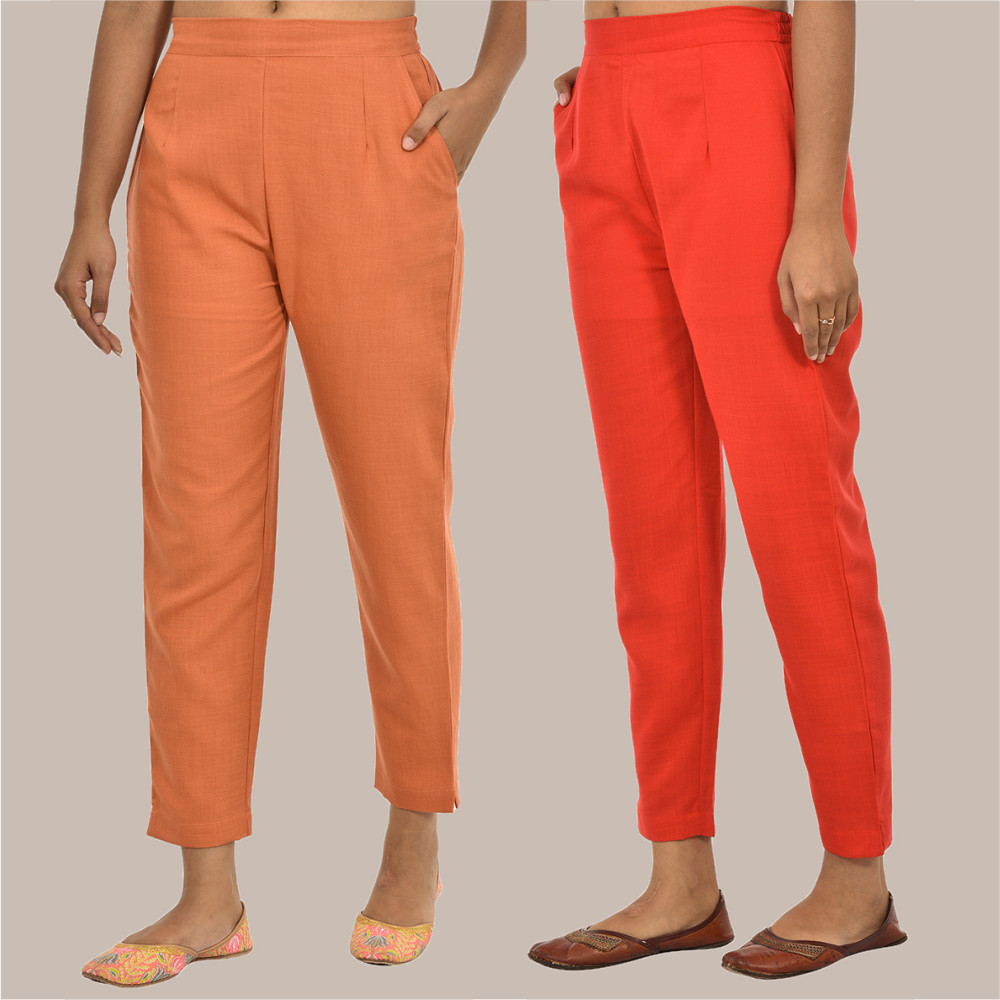Combo of 2 Solid Women Pants Cotton Slub Red and Peach-36157
