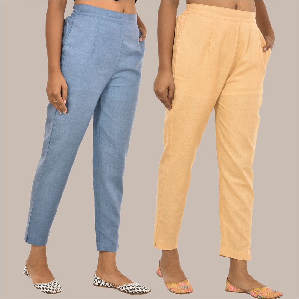 Combo of 2 Solid Women Pants Cotton Slub Sky-Blue and Beige-36150