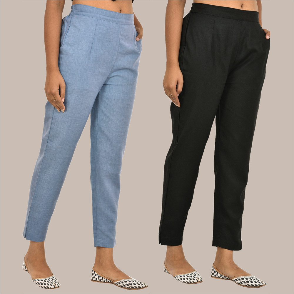 Combo of 2 Solid Women Pants Cotton Slub Sky-Blue and Black-36148