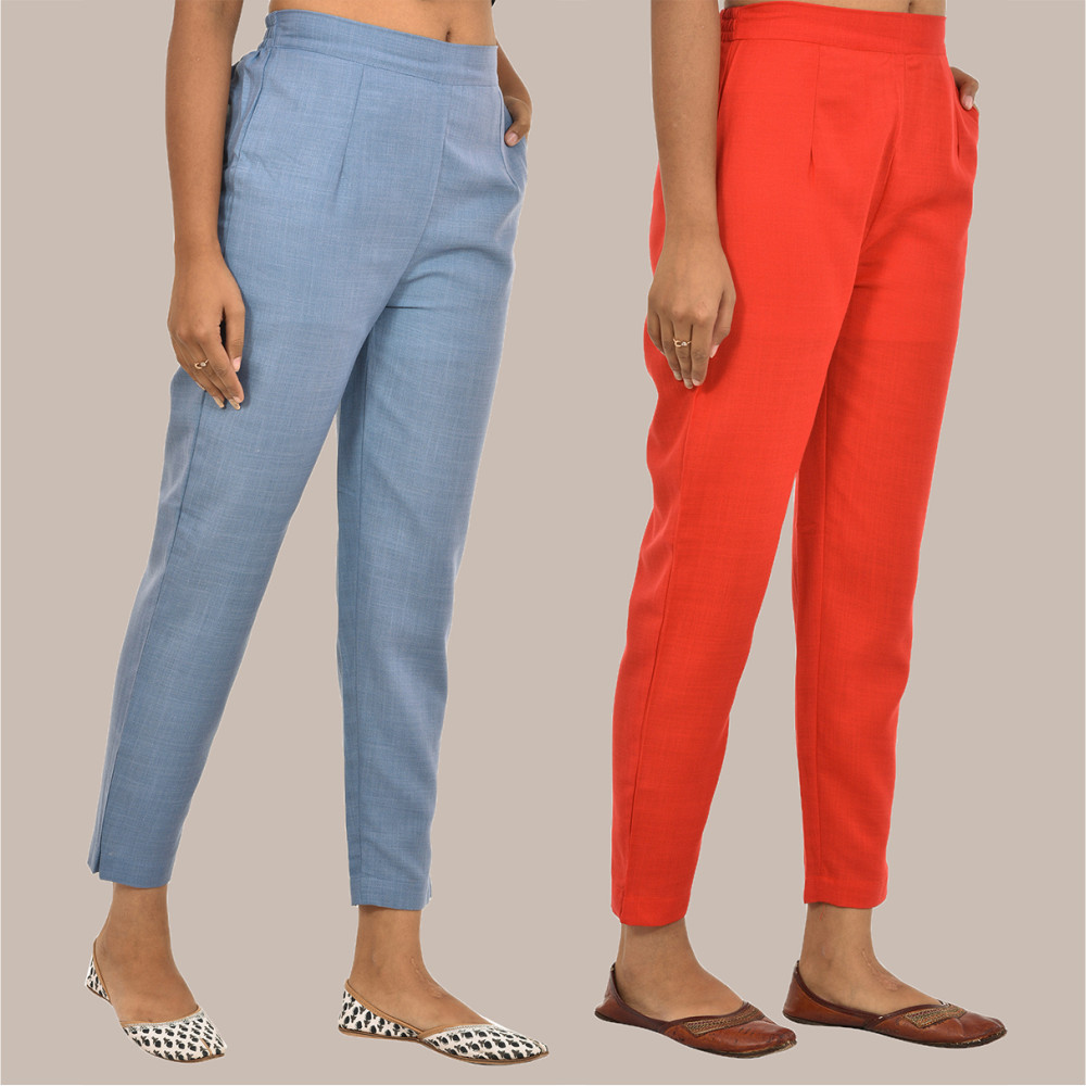 Combo of 2 Solid Women Pants Cotton Slub Sky-Blue and Red-36145