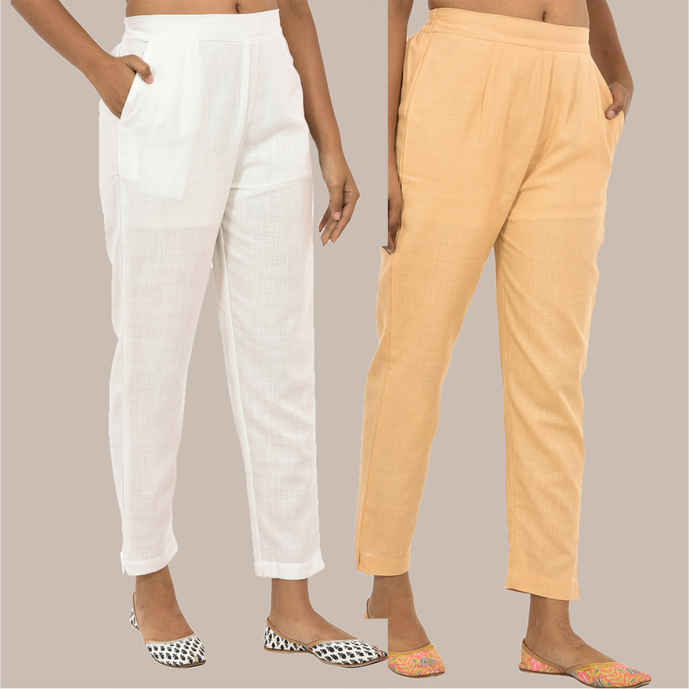 Combo of 2 Solid Women Pants Cotton Slub White and Beige-36143