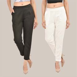 Combo of 2 Solid Women Pants Cotton Slub White and Black-36762