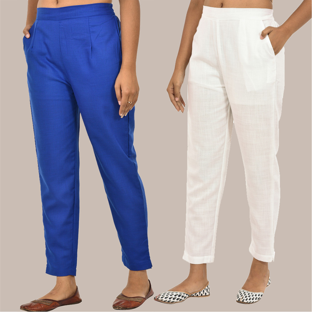 Combo of 2 Solid Women Pants Cotton Slub White and Blue-36142