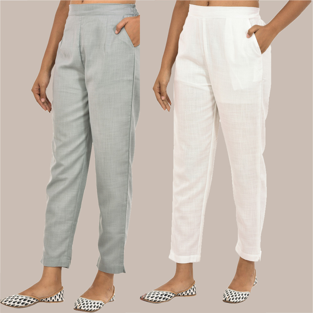 Combo of 2 Solid Women Pants Cotton Slub White and Gray-36140