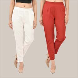 Combo of 2 Solid Women Pants Cotton Slub White and Maroon-36761
