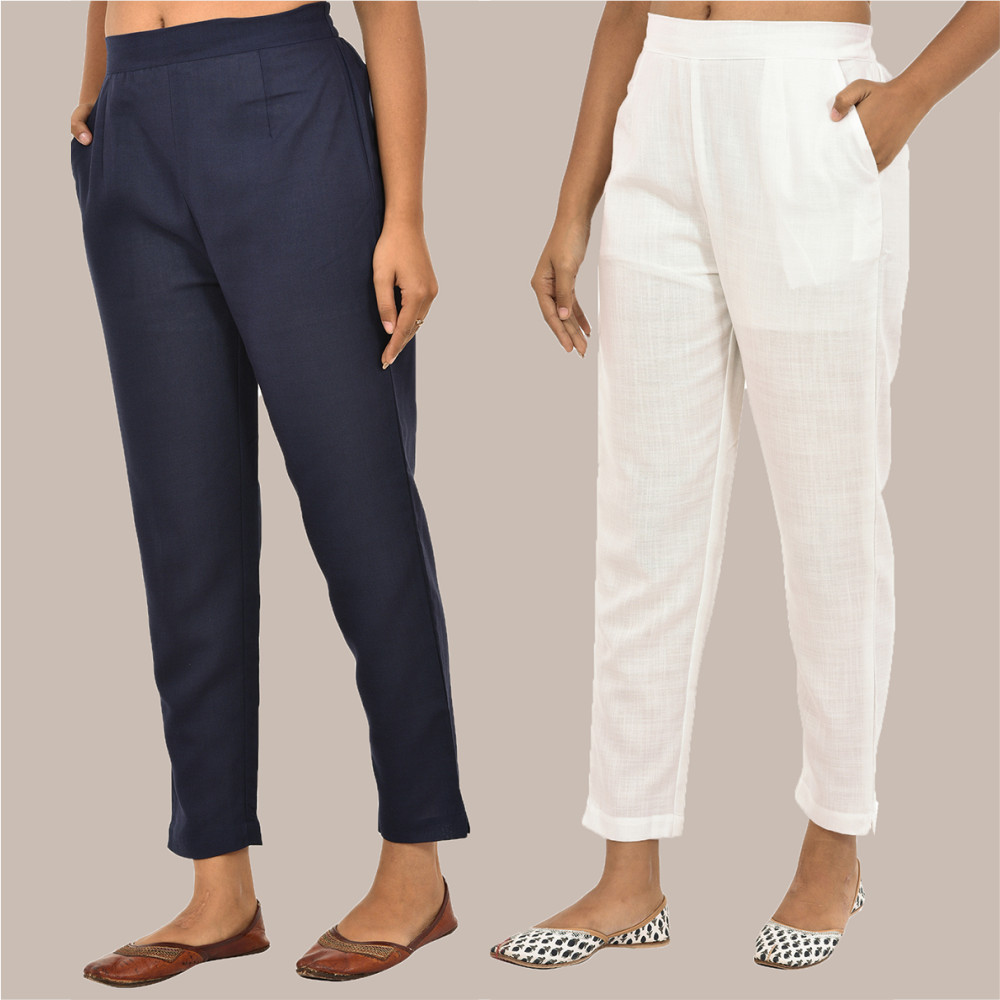 Combo of 2 Solid Women Pants Cotton Slub White and Navy-Blue-36139