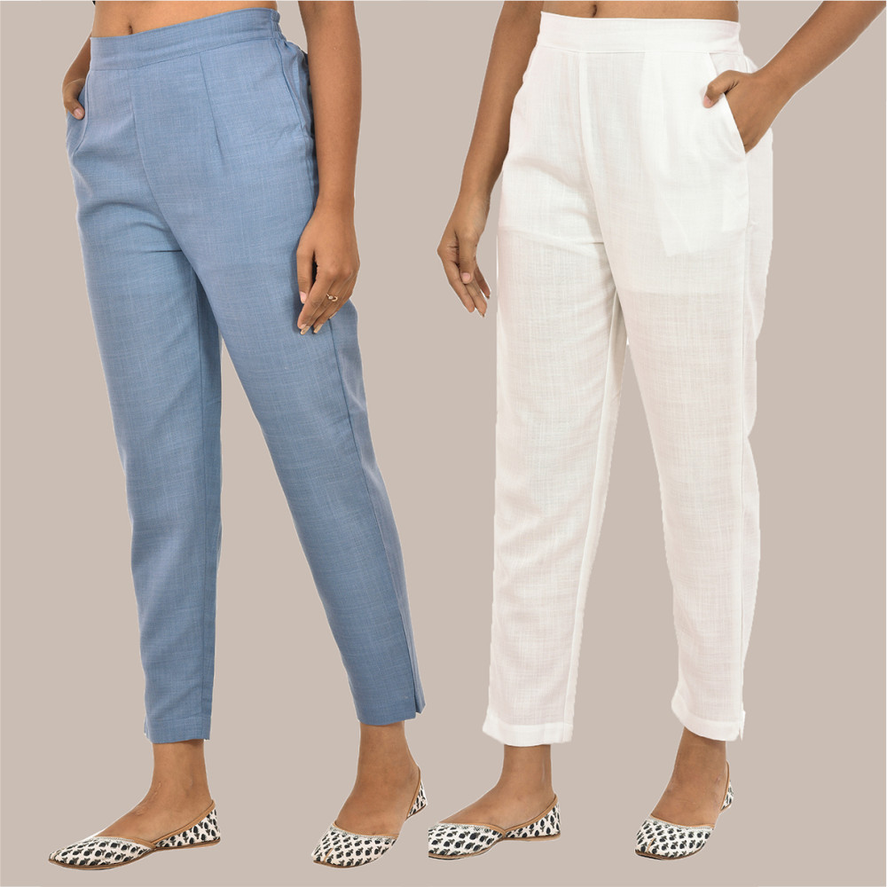 Combo of 2 Solid Women Pants Cotton Slub White and Sky-Blue-36137