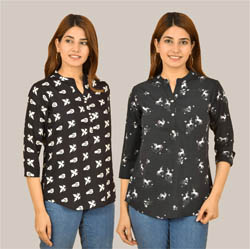 Combo of 2 White and Black Crepe Women Printed Top-38551