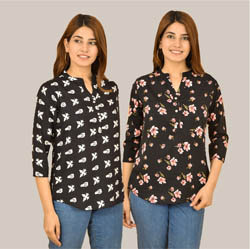 Combo of 2 White and Pink and Black Crepe Women Printed Top-38560