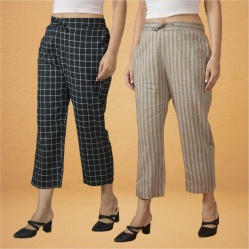 Combo of 2 Women Beige Black Cotton Regular Ankle Length Pant-10191