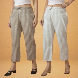 Combo of 2 Women Cream Beige Cotton Regular Ankle Length Pant-10203